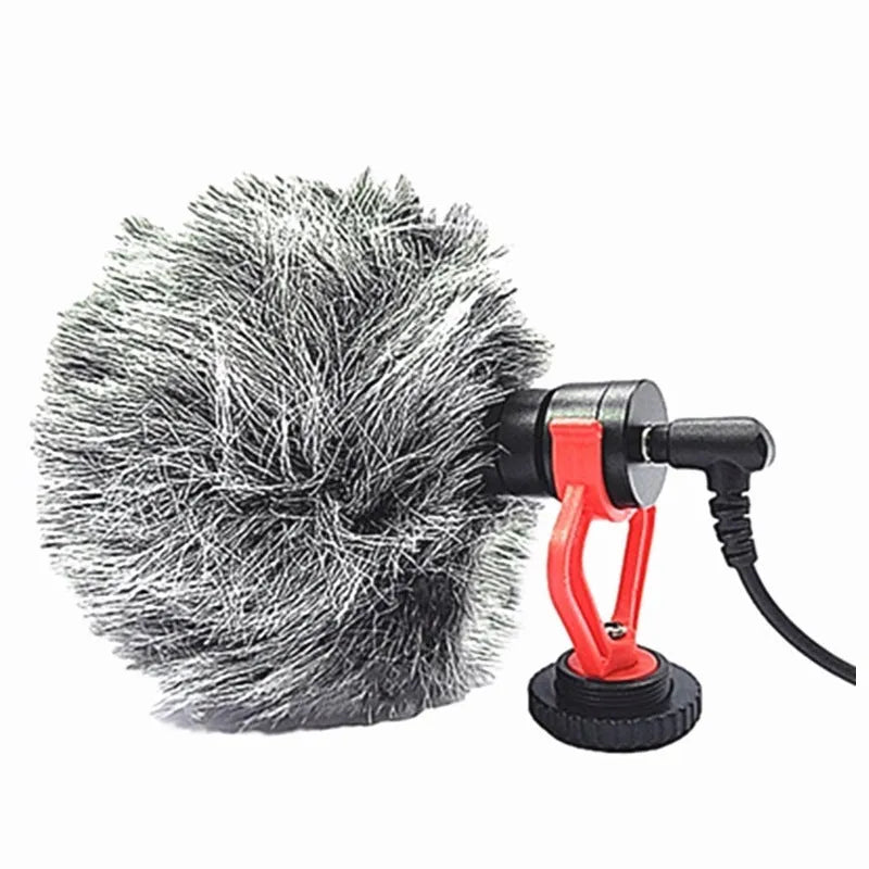 Black gun-type condenser microphone with metal housing and windproof wool cover, for mobile phone and SLR camera live streaming