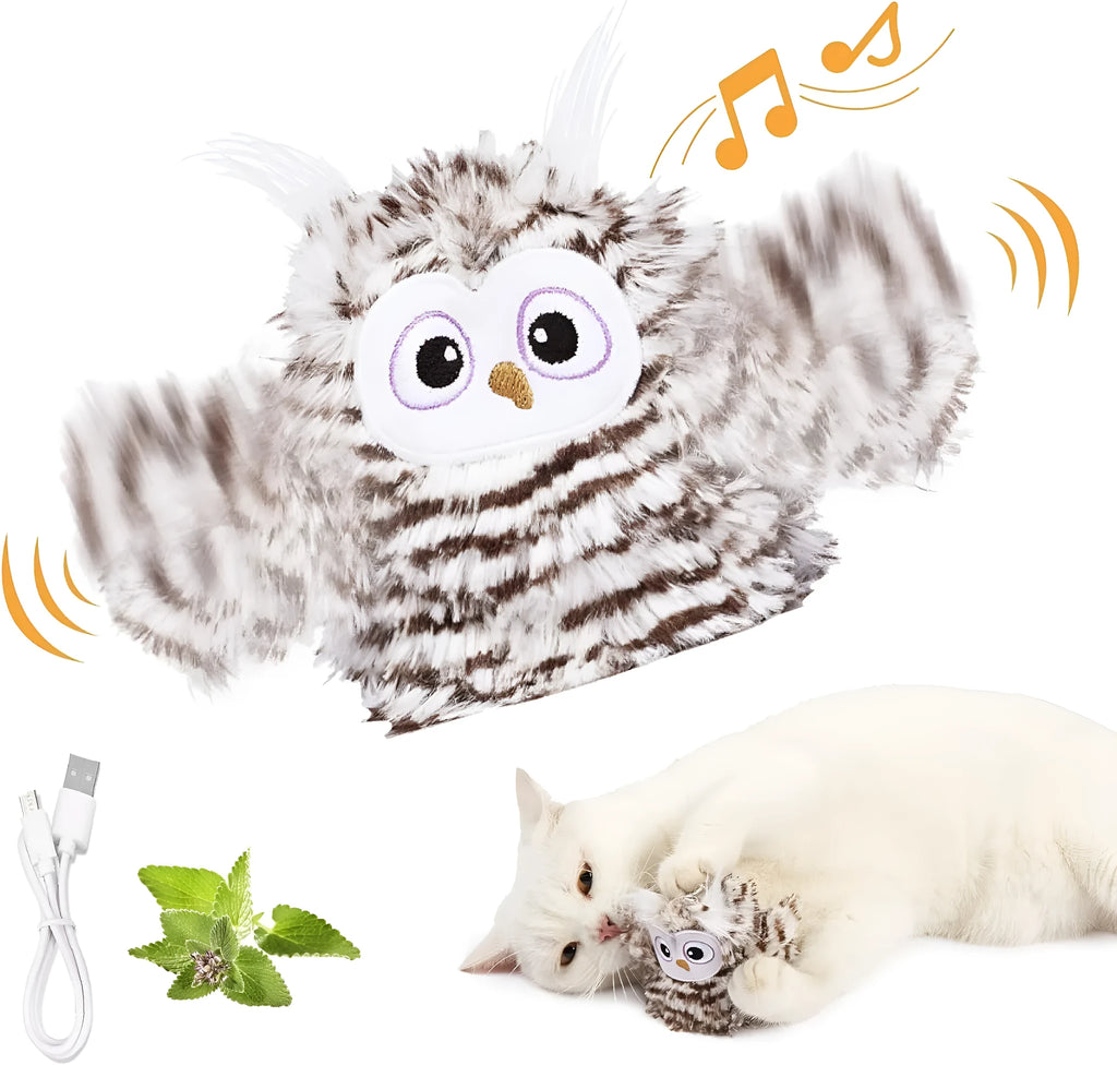 Gray owl-shaped automatic cat toy with flapping wings for indoor feline entertainment