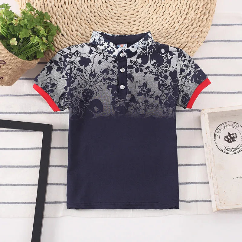Boys' cotton polo shirt in navy colour with short sleeves and lapel collar
