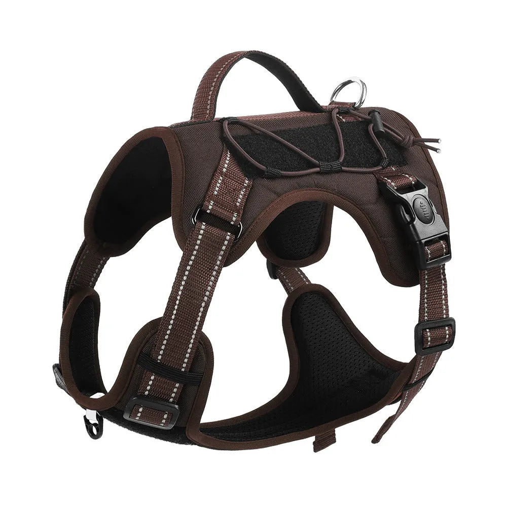 Orange explosion-proof dog harness vest with reflective strips and a black hand grip rope attached.