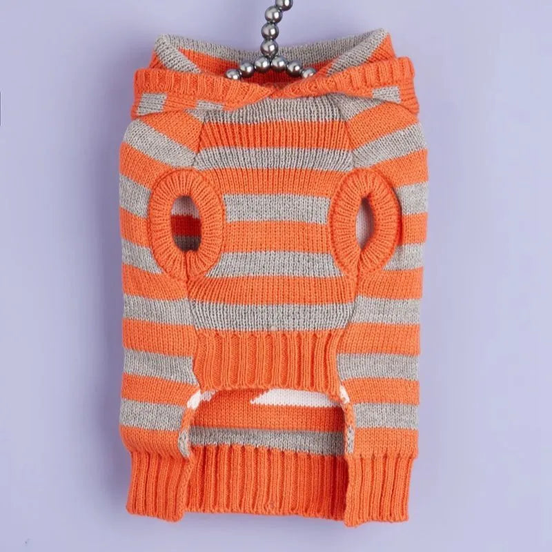 Orange striped Halloween hooded sweater for pets with fur balls on a hanger