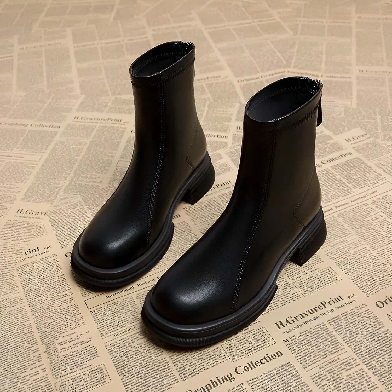 Women's black ankle boots with a flat thick heel, round toe, and a back zipper closure.