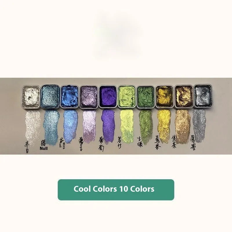 Traditional Chinese painting mineral pearlescent watercolour set showing tubes of red, white, gold, and warm and cool colour palettes.