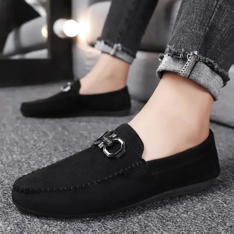 Men's black and grey suede and leather casual shoes with rubber soles for summer