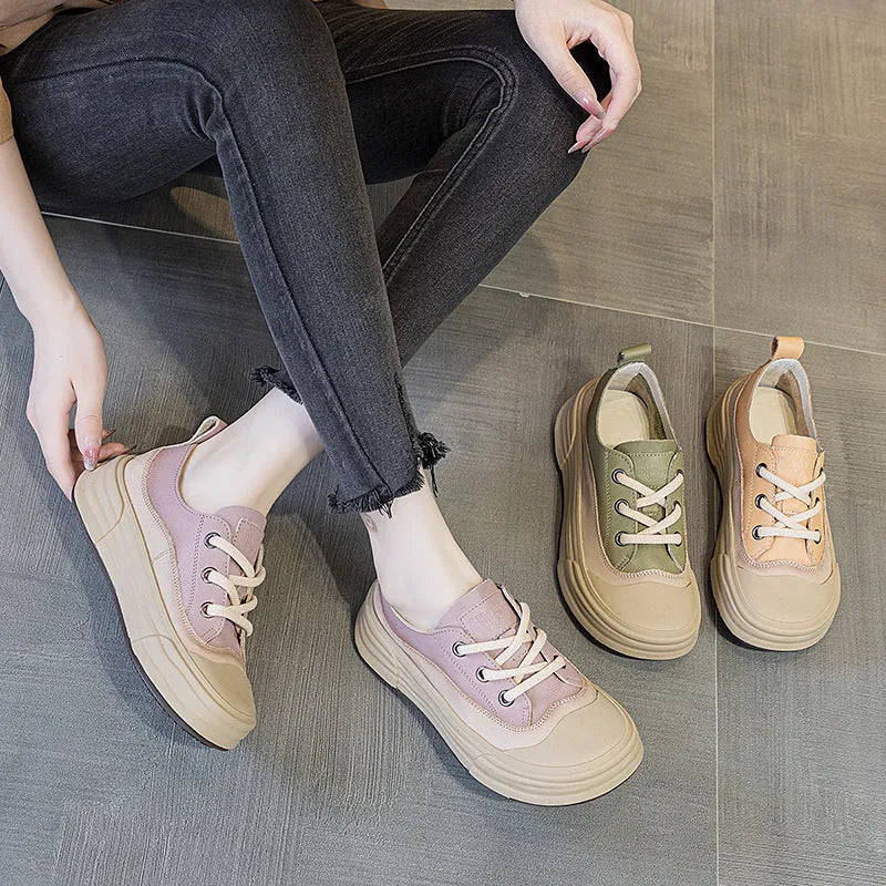 Women's leather platform sneakers in matcha green, purple, and orange colours with round toe and lace-up front.