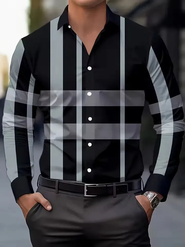 Men's striped long sleeve button lapel shirt in polyester fabric