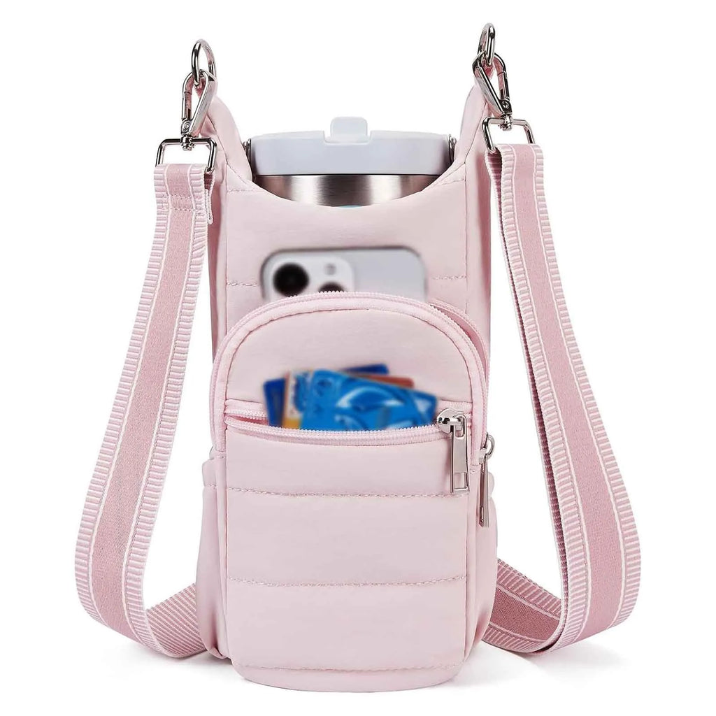 Cloth bicycle water bottle bag in black, pink and beige colours for kettle or bottle storage