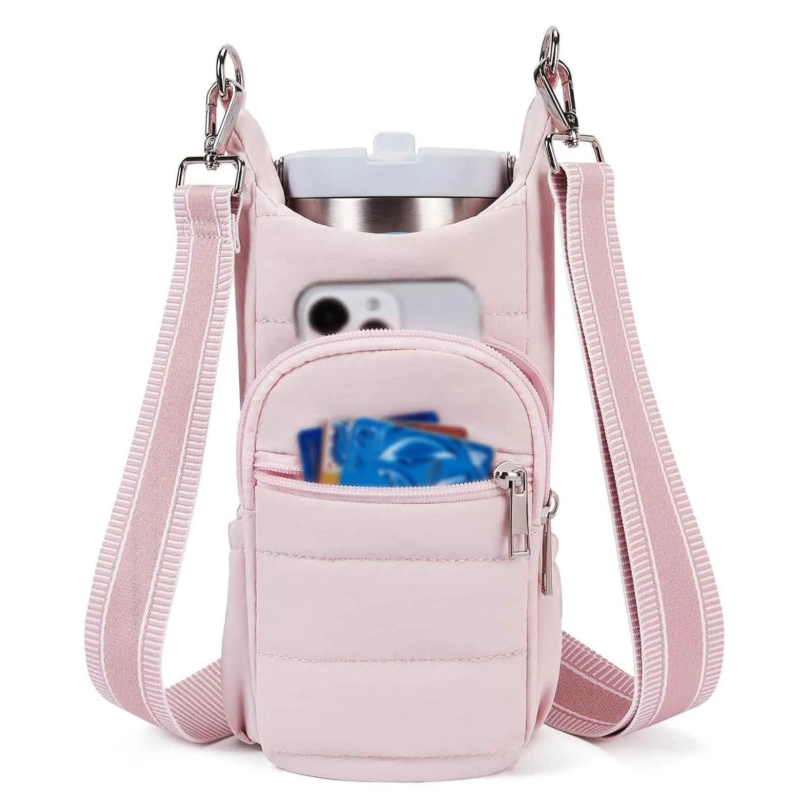 Cloth bicycle water bottle bag in black, pink and beige colours for kettle or bottle storage