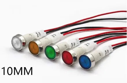 10mm stainless steel bezel plastic indicator light with wire, shown in multiple colour options.