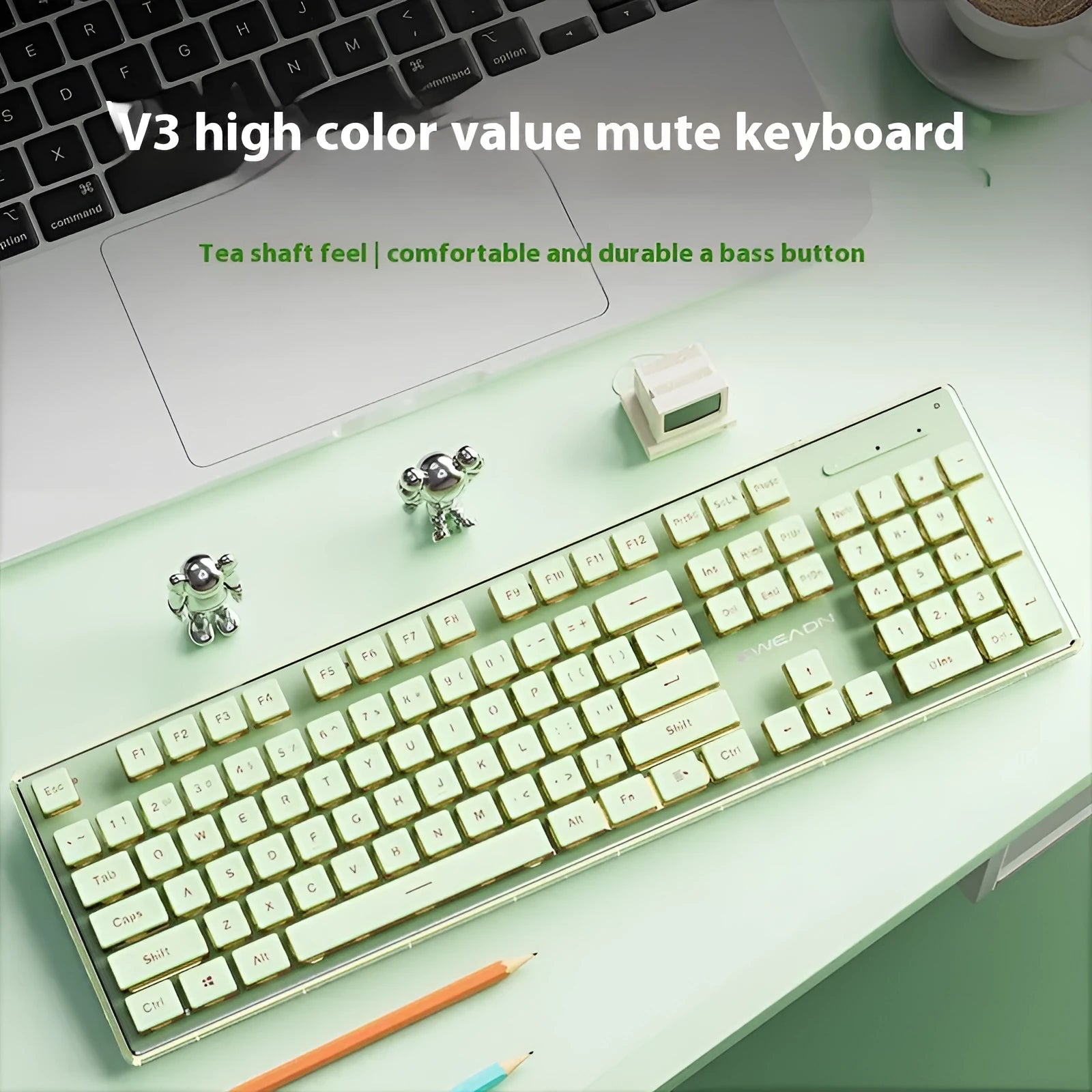 Prewalker V3 silent keyboard and mouse set in retro green colour on a desk.