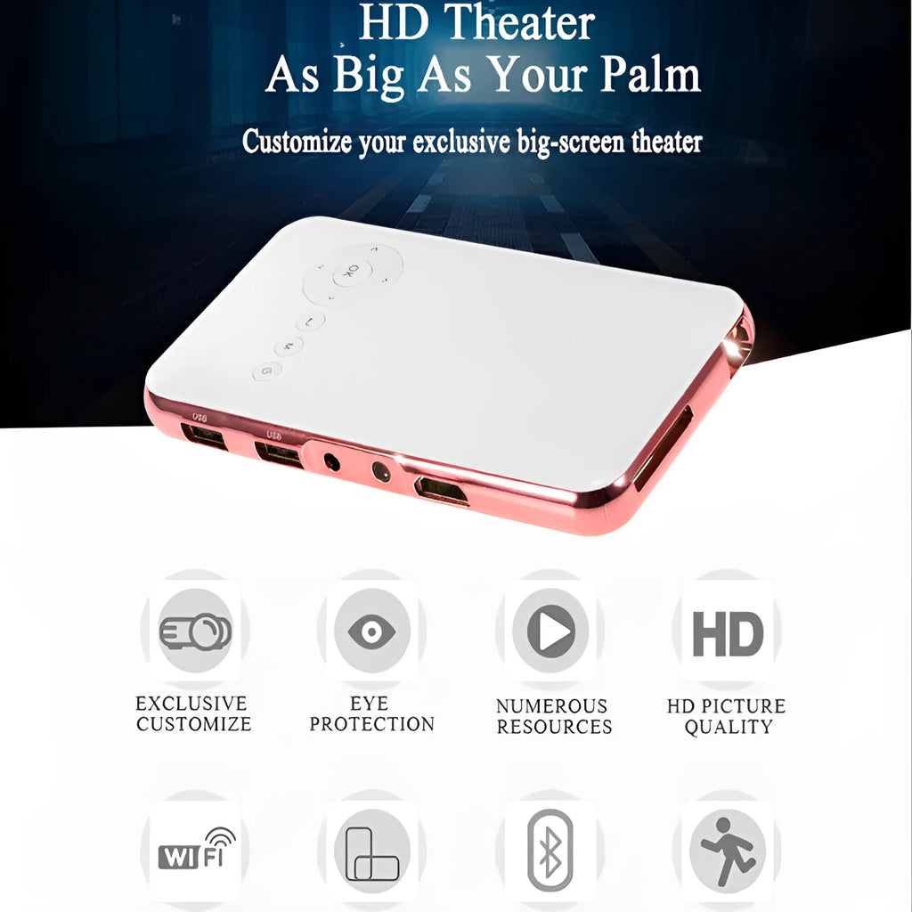 White and rose gold M6S miniature portable DLP Android projector with compact size.