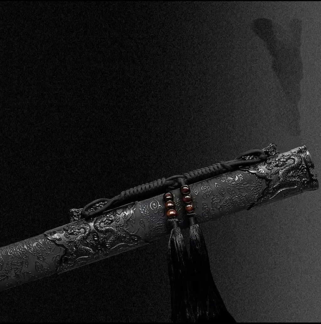 Liuying Tang Dynasty horizontal sword with 65 manganese steel blade and leather-covered wood scabbard on white background