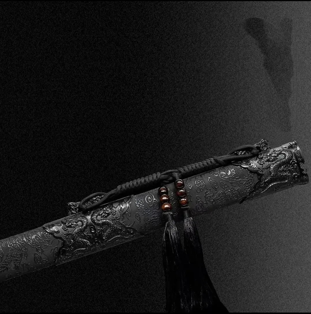 Liuying Tang Dynasty horizontal sword with 65 manganese steel blade and leather-covered wood scabbard on white background