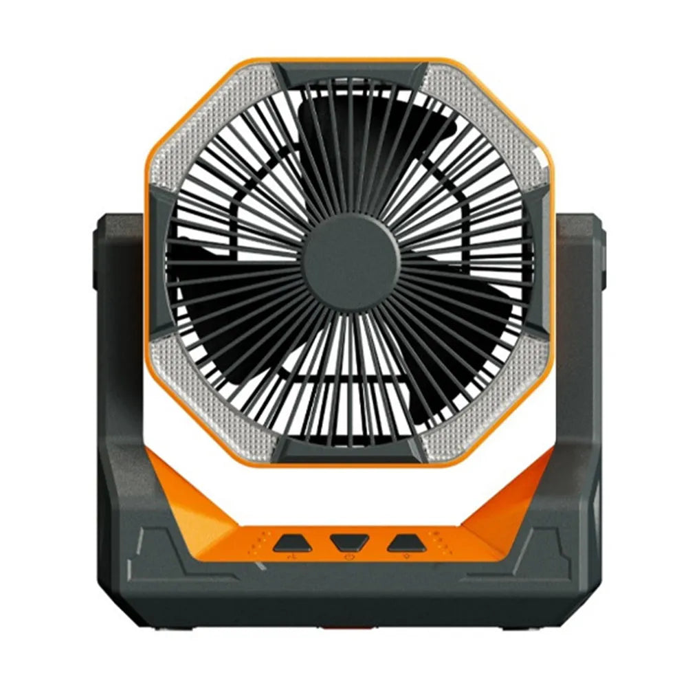 8000mAh telescopic wireless camping fan in orange with aluminium tube, four speeds, and night light on a picnic table